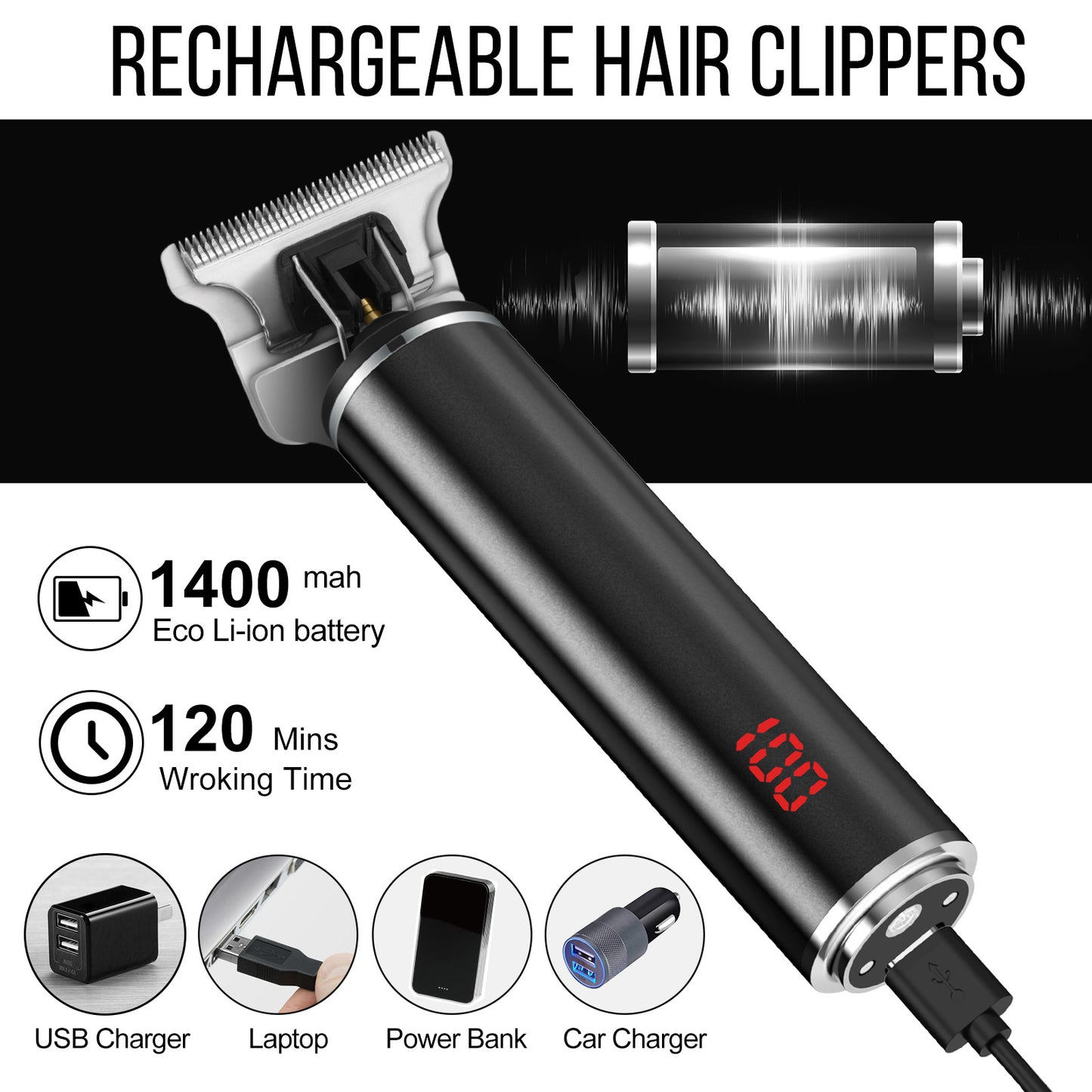 Professional Men's Hair Clipper 0.01 mm, Beard Trimmer, Electric Beard Kit for Men, Hair Trimmer with USB Rechargeable Waterproof LCD Screen for Children Adults Barber