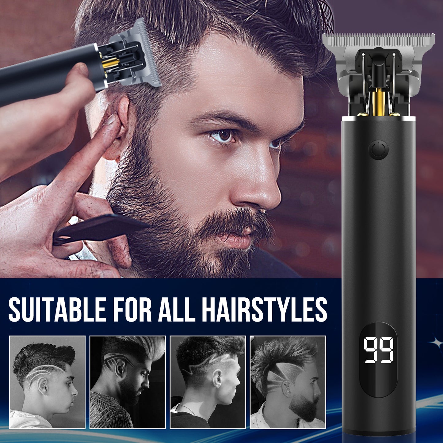 Professional Hair Trimmer, Beard Trimmer, Men's Razor, Electric Hair Trimmer, Beard Trimmer, Contour Cutter, Hair Trimmer for Men with 4 Combs and LED Display